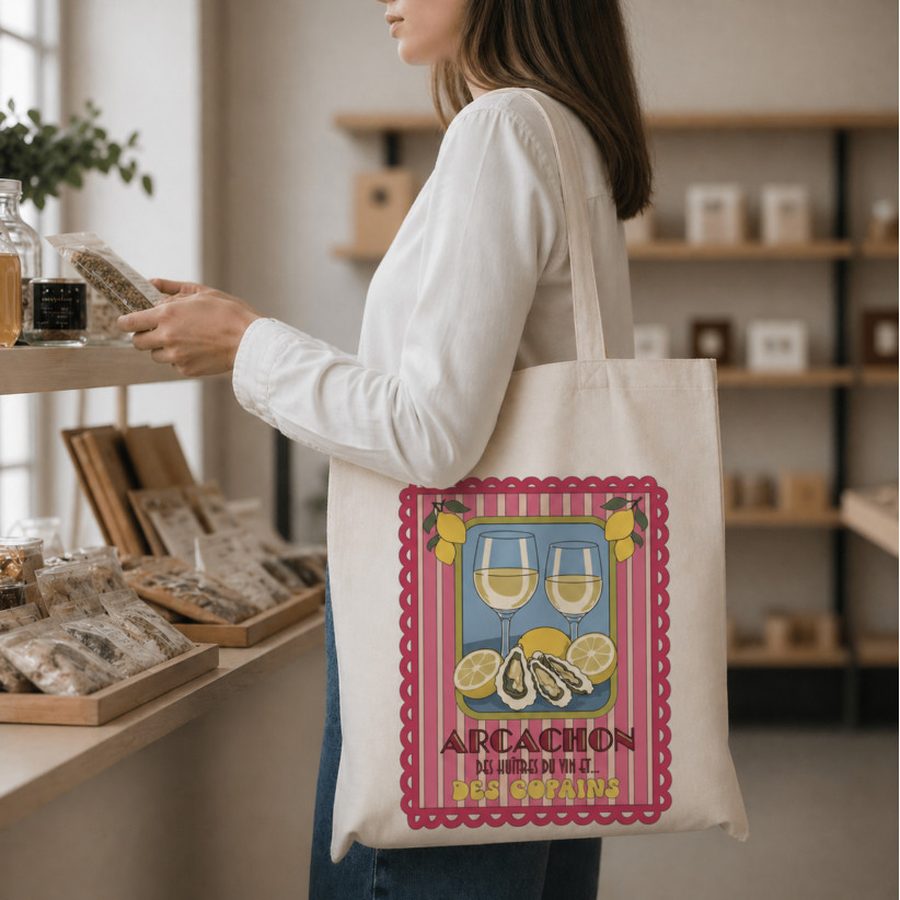 Tote bag, "Arcachon des huitres, du vin et des copains (rose)"