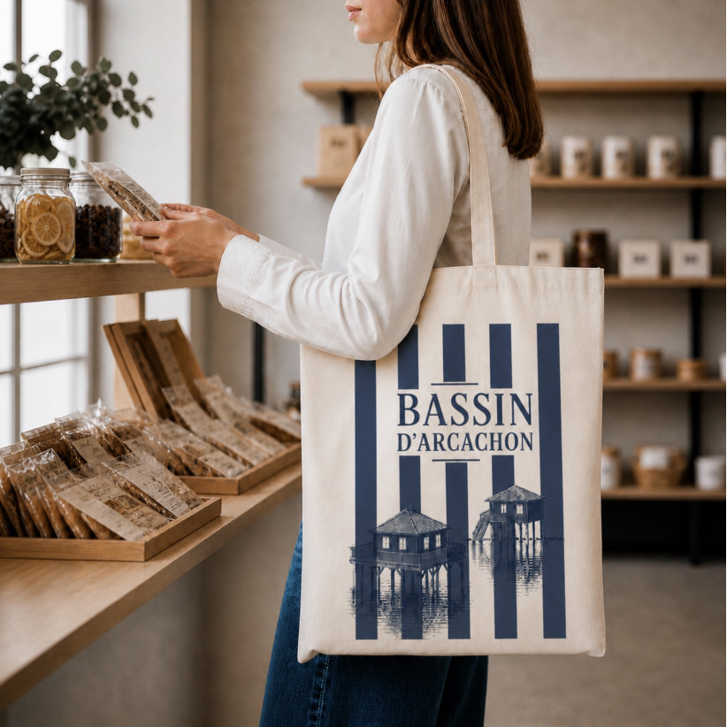 Tote bag, "Bassin d'Arcachon cabane (bleu)"