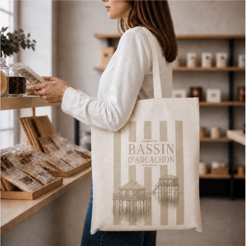 Tote bag, "Bassin d'Arcachon cabane (lin)"