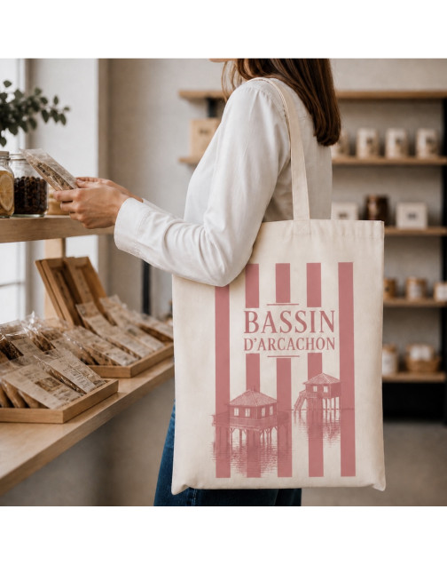 Tote bag, "Bassin d'Arcachon cabane (rose)"