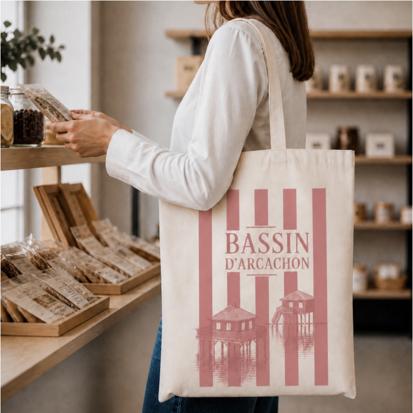 Tote bag, "Bassin d'Arcachon cabane (rose)"