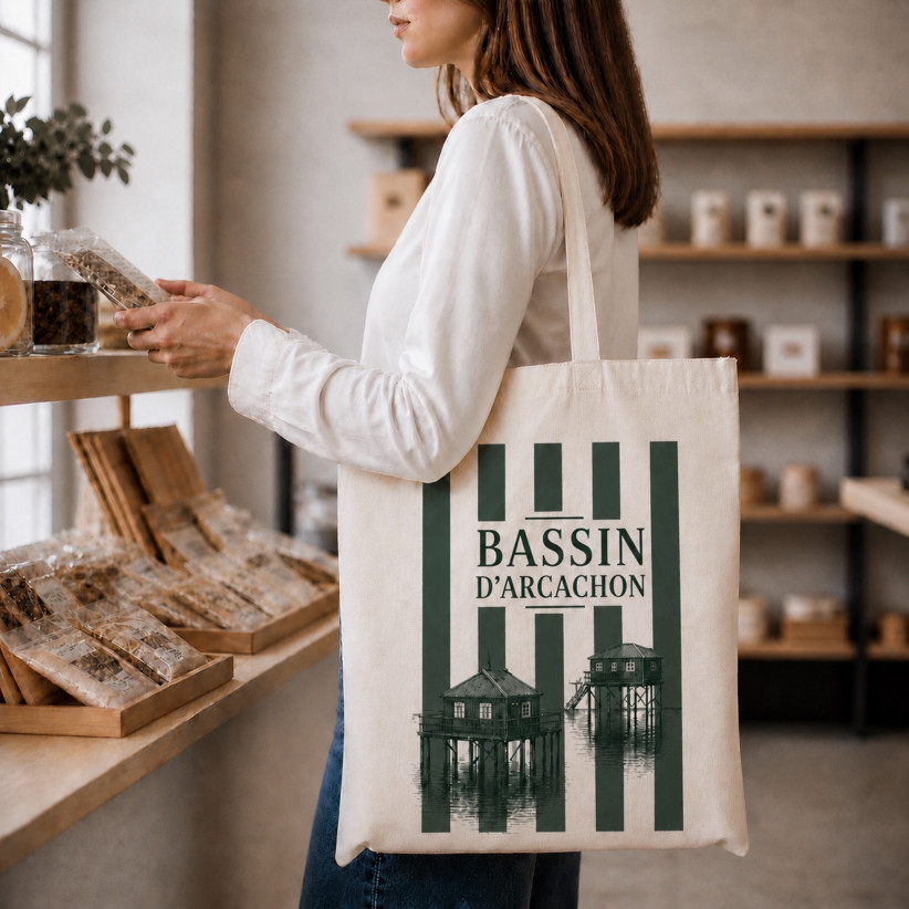 Tote bag, "Bassin d'Arcachon cabane (vert sapin)"