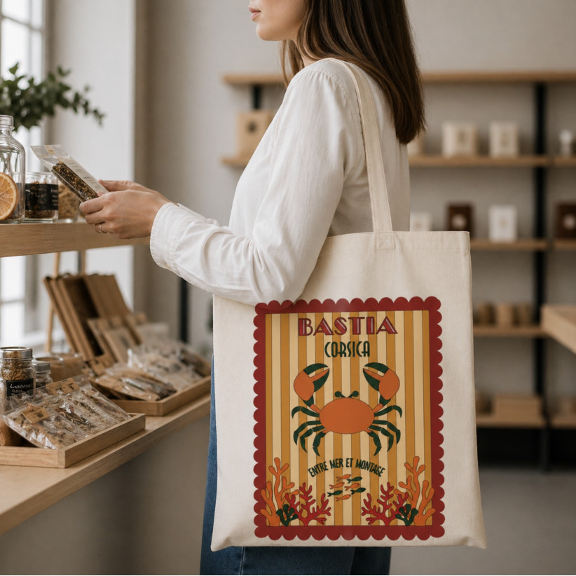 Tote bag, "Bastia corsica entre mer et montagne crabe (orange)"