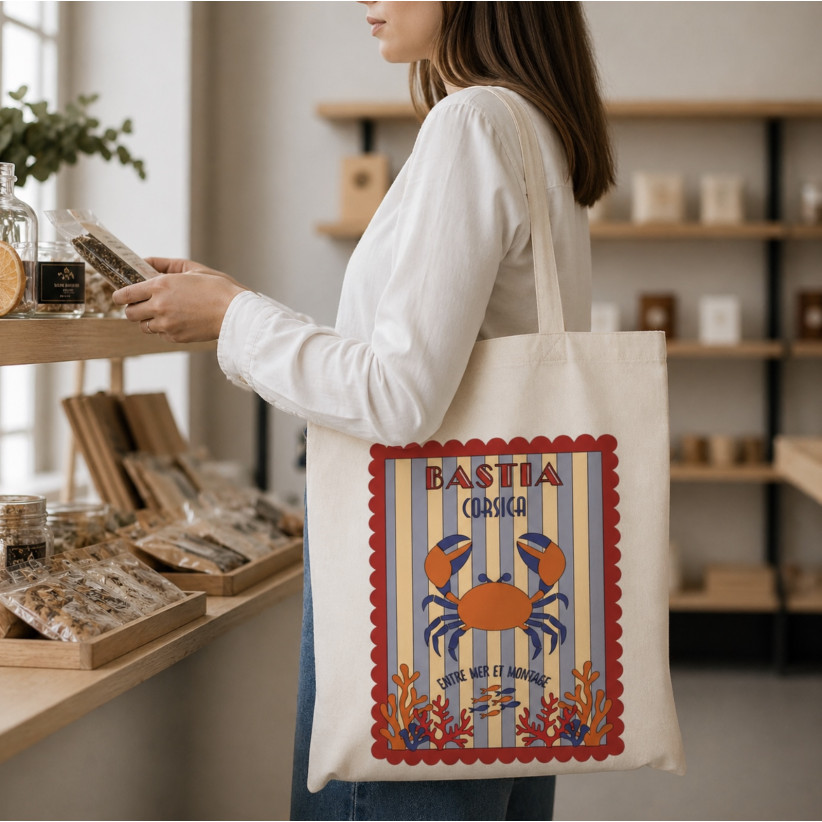 Tote bag, "Bastia corsica entre mer et montagne crabe (bleu)"
