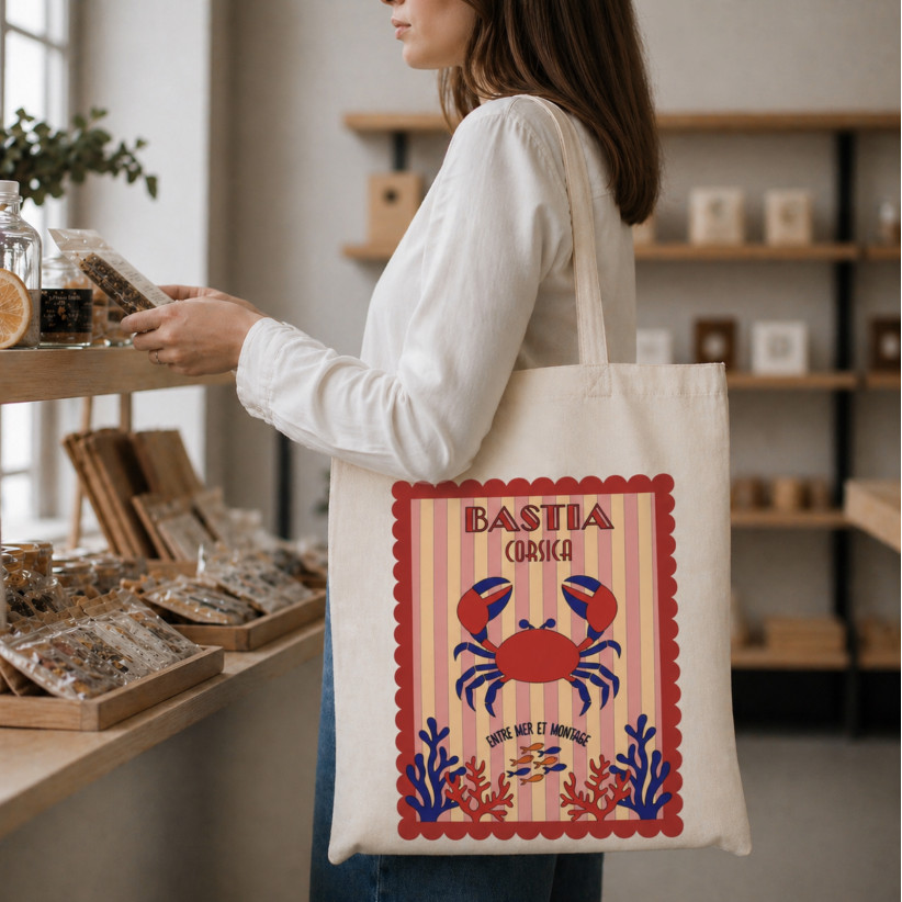 Tote bag, "Bastia corsica entre mer et montagne crabe (rouge)"