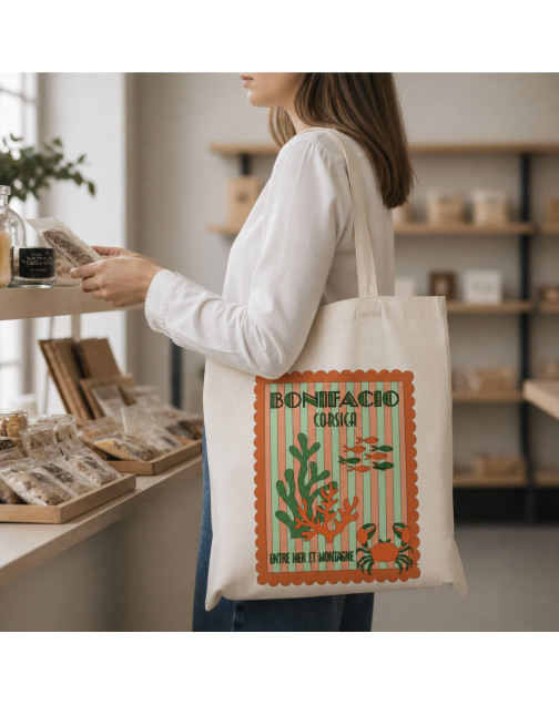 Tote bag, "Bonifacio corsica entre mer et montagne corail (orange)"