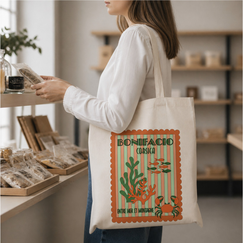 Tote bag, "Bonifacio corsica entre mer et montagne corail (orange)"
