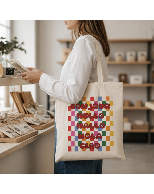 Tote bag, "Bonjour Hello Hallo Holà Ciao"