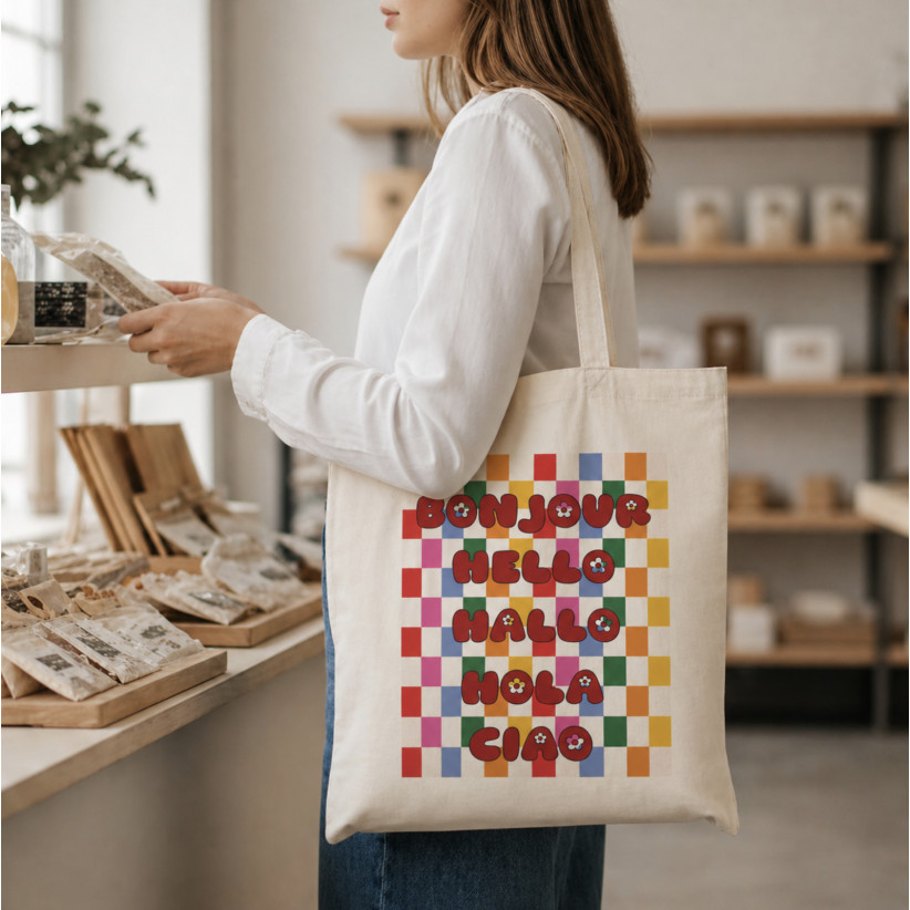 Tote bag, "Bonjour Hello Hallo Holà Ciao"