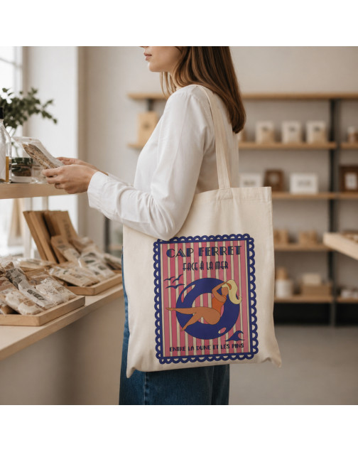 Tote bag, "Cap ferret face à la mer entre la dune et les pins (bleu)"