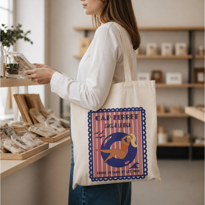 Tote bag, "Cap ferret face à la mer entre la dune et les pins (bleu)"