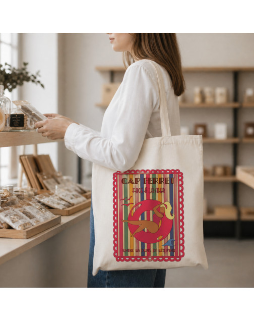 Tote bag, "Cap ferret face à la mer entre la dune et les pins (rose)"