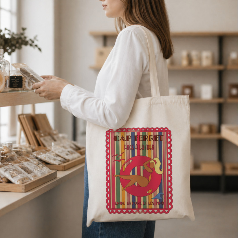 Tote bag, "Cap ferret face à la mer entre la dune et les pins (rose)"