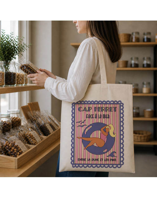 Tote bag, "Cap ferret face à la mer entre la dune et les pins (violet)"