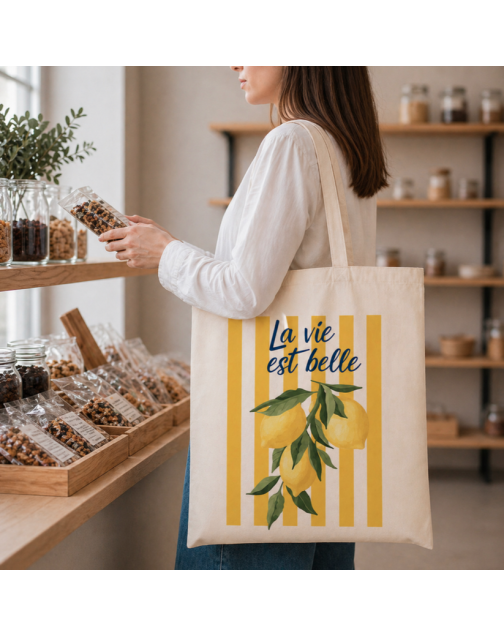 Tote bag, "La vie est belle (citron)"
