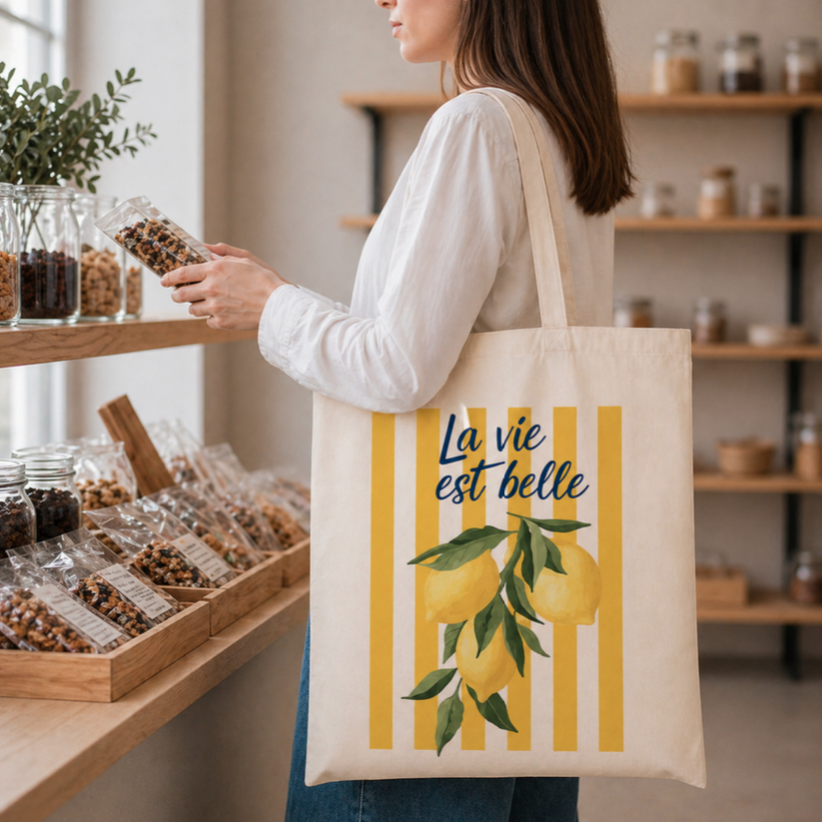 Tote bag, "La vie est belle (citron)"