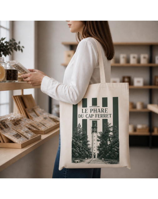 Tote bag, "Le phare du Cap Ferret (vert sapin)"
