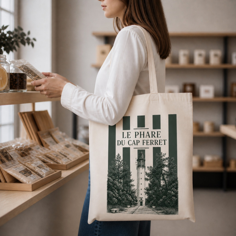 Tote bag, "Le phare du Cap Ferret (vert sapin)"