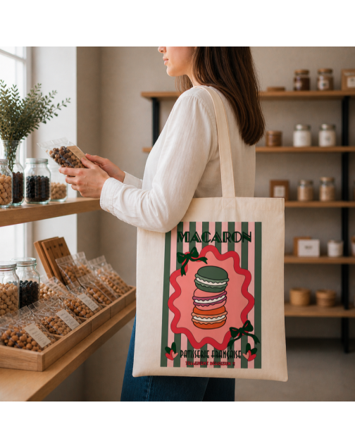 Tote bag, "Macaron - Pâtisserie française - tellement délicieux"