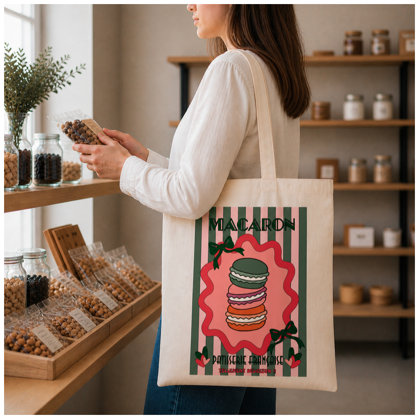 Tote bag, "Macaron - Pâtisserie française - tellement délicieux"