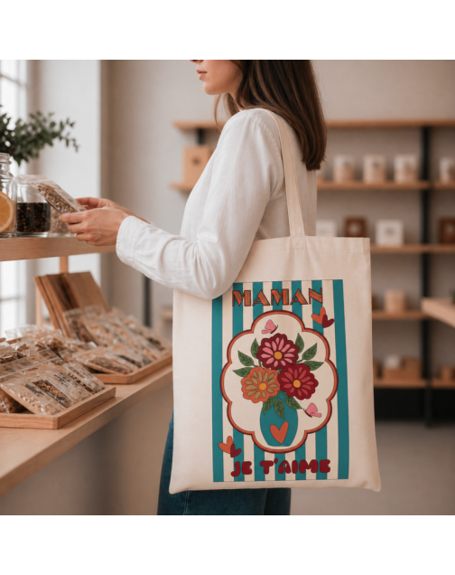 Tote bag, "Maman je t'aime (bleu)"