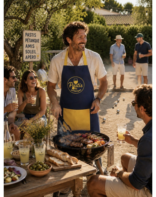 Tablier de cuisine, "Pastis pétanque" marine