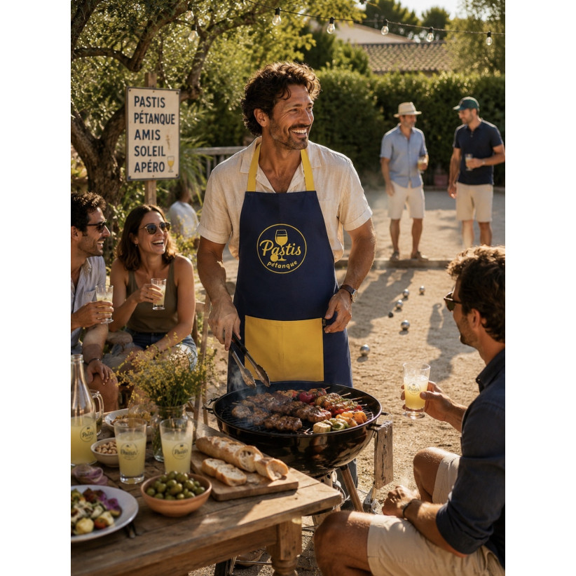 Tablier de cuisine, "Pastis pétanque" marine
