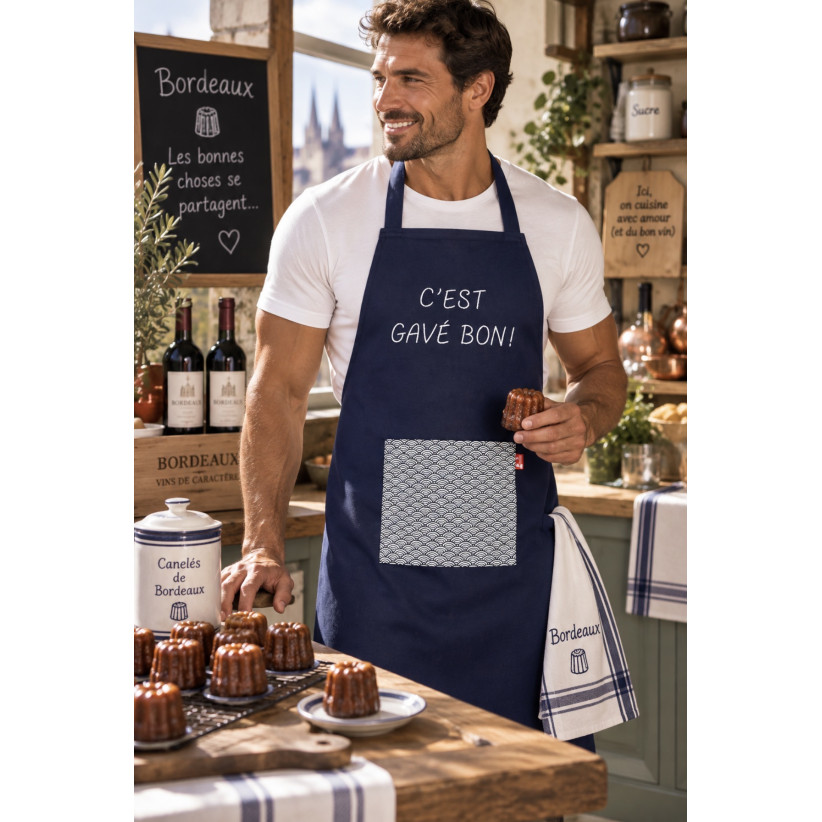 Tablier de cuisine, "C'est gavé bon" marine
