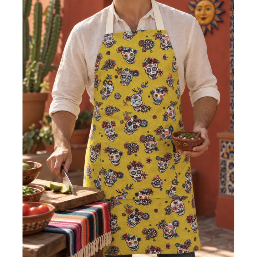 Tablier de cuisine, "Calaveras" moutarde
