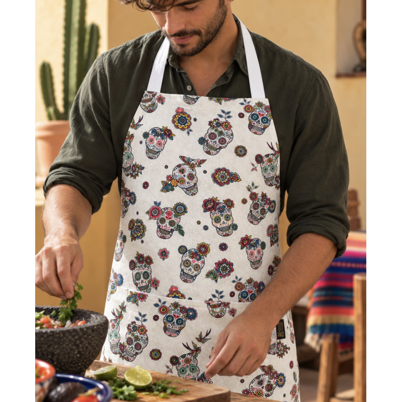 Tablier de cuisine, "Calaveras" blanc