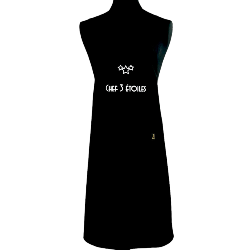 Tablier de cuisine, "Chef 3 étoiles" noir, pochette noire